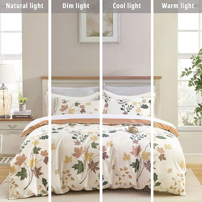 Botanical Cotton Comforter King Size - Luxurious Design with Maple Leaves and Branches on Beige, Textured Maple Orange Back, 3PC Lightweight Bedding Set with Ultra-Soft Alternative Fill
