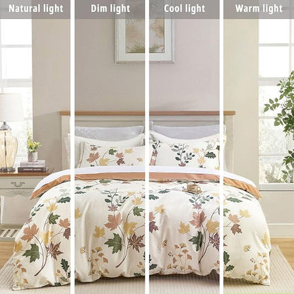Botanical Cotton Comforter King Size - Luxurious Design with Maple Leaves and Branches on Beige, Textured Maple Orange Back, 3PC Lightweight Bedding Set with Ultra-Soft Alternative Fill