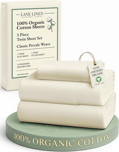 LANE LINEN 100% Organic Cotton Twin Bed Sheet Set, 3 Pc Twin Size Bed Sheets, Soft & Breathable Twin Sheet Set Boys, Hotel Style Bedding Sheets & Pillowcases, 15" Deep Fitted Sheet - Natural
