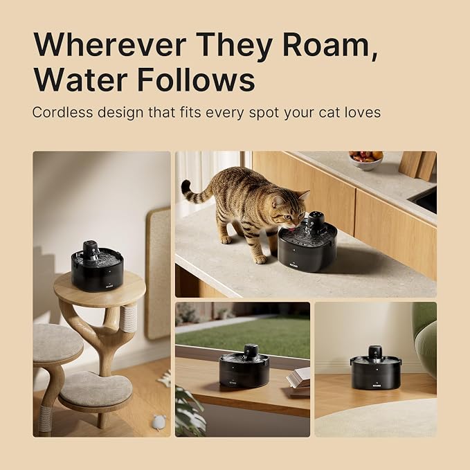 Cordless Cat Water Fountain, Battery Operated, Black, 78oz/2.3L | Wireless Cat Fountain Rechargeable 4000mAh, Motion Sensor, Ultra-Quiet Pump, Locking Lid, Automatic Pet Fountain