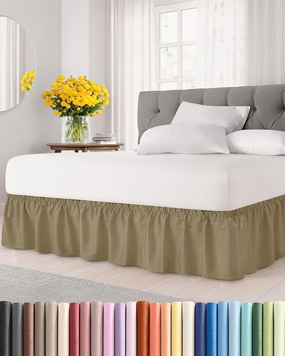 Wrap Around Dust Ruffle Bed Skirt - Khaki - for Full Size Beds w/ 15 Inch Drop - Easy Fit Elastic Strap - Adjustable Pleated Bedskirt w/Brushed Fabric - Wrinkle Free - for Women, Men, Kids & Teens