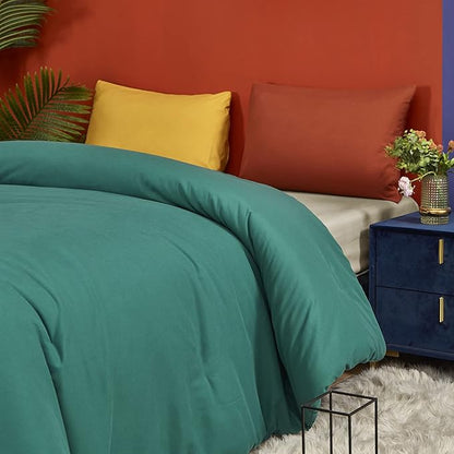 Luxlovery Emerald Green Comforter Set Full Dark Green Bedding Comforter Set Full Modern Solid Forest Green Cotton Blanket Quilts Cozy Soft Breathable 1 Comforter with 2 Yellow/Caramel Pillowcases