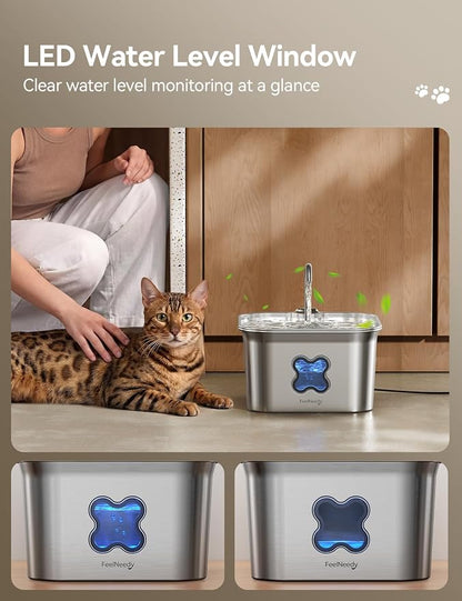 FEELNEEDY Cat Water Fountain, 304 Stainless Steel - 95oz/2.8L Faucet-Style Pet Drinking Fountain for Cats & Small Dogs, Ultra-Quiet <20dB, Dishwasher Safe, 4-Stage Filtration & Water Level Window