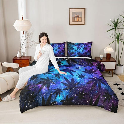Erosebridal Leaves Comforter Set Teens Galaxy Bedding Set Twin for Women Men Youth Soft Chic Purple Blue Duvet Set Room Decor Quilt Set