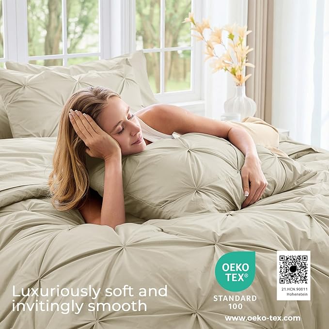 Sasttie King Size Comforter Set, 7-Piece Bed in a Bag, Pintuck Bedding Set for All Season, Includes Comforter, Flat Sheet, Fitted Sheet, Pillowcases and Pillowshams, Linen
