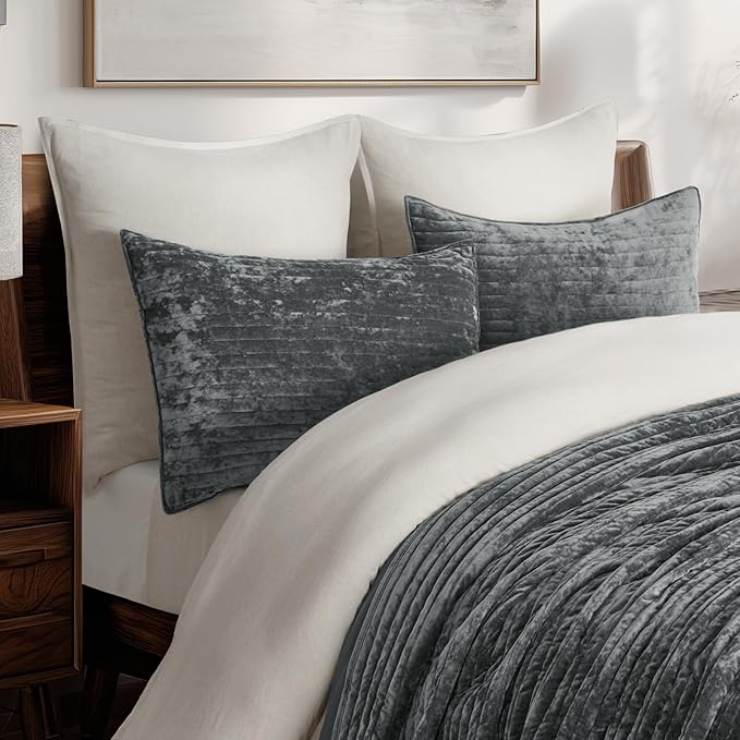EVERGRACE Velvet Quilt Set California King 118'' x 106'', Luxurious Soft Striped Channel Bedding Set, Lightweight Velvet Comforter for All Season, Oversized Bedspread Coverlet w/ 2 Shams Charcoal Gray