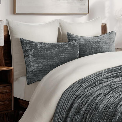EVERGRACE Velvet Quilt Set King Size, Luxurious Soft Striped Channel Bedding Set, Lightweight Velvet Comforter for All Season, Oversized Bedspread Coverlet with 2 Matching Shams, Charcoal Gray