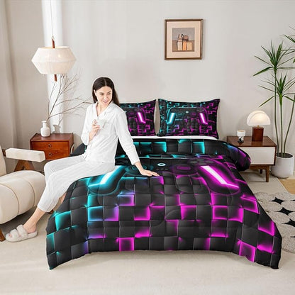 Erosebridal Boys Gamer Comforter Set Gaming Queen Size Bedding Sets for Kids Boys Teen Men Neon Lights Ombre Checkered Video Games Bed Comforter Set 3D Geometric Game Console Quilt Blue Purple