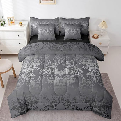 Erosebridal Gothic Damask Comforter Set 7 Piece Bed in a Bag Twin,Halloween Bat Bedding Sets Silver Gray Victorian Floral Goth Sheet Set with Comforter