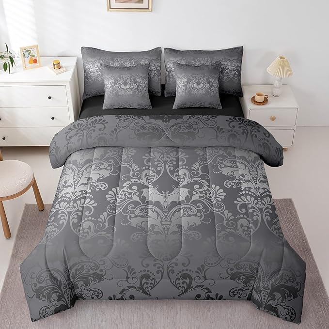 Erosebridal Gothic Damask 7 Piece Comforter Set Full Bed in a Bag,Halloween Bat Bedding Sets Silver Gray Victorian Floral Goth Sheet Set with Comforter