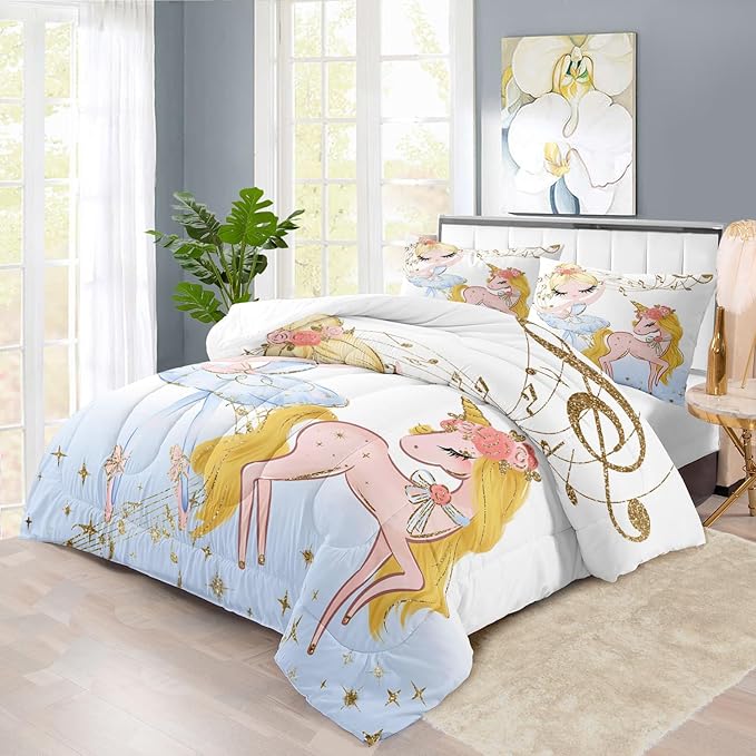 Golden Unicorn Girls Comforter Set Twin Kawaii Unicorn Bedding Set Twin Cute Horse Comforter Girls Bedroom Decor White Animal Print Bedding Bed Decor Animal Print Quilt