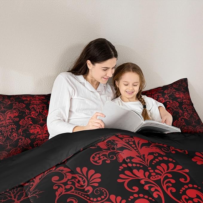 Erosebridal Gothic Damask 7 Piece Comforter Set Full Bed in a Bag,Sun Moon Tree of Life Bedding Sets Red Black Victorian Floral Goth Sheet Set with Comforter