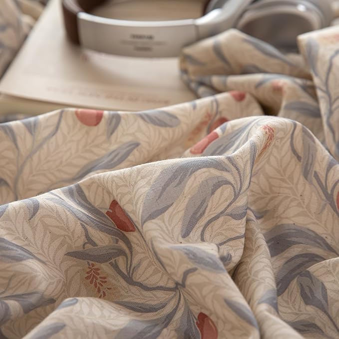 mixinni Cotton Linen Floral Duvet Cover Set, Vintage Botanical Print Comforter Cover with Wooden Buttons,Soft Breathable Blue Red Floral Boho Farmhouse Bedding Set for All Season-Queen Size