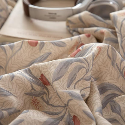 mixinni Cotton Linen Floral Duvet Cover Set, Vintage Botanical Print Comforter Cover with Wooden Buttons,Soft Breathable Blue Red Floral Boho Farmhouse Bedding Set for All Season-Queen Size