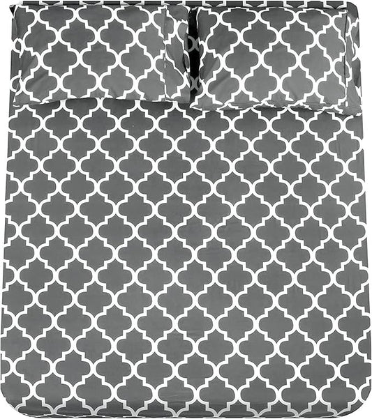 Mejoroom King Bed Sheet Set - Super Soft Brushed Microfiber 1800 Thread Count Sheets with 15 inch Deep Pocket - Wrinkle Free - 4 Piece (King, Grey Quatrefoil with White Pattern)