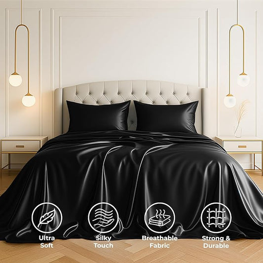 Pure Bedding Satin Sheets Twin [3-Piece, Black] Hotel Luxury Silky Bed Sheets - Extra Soft 1800 Microfiber Sheet Set, Wrinkle, Fade, Deep Pocket Fitted Sheet, Flat Sheet, Pillow Cases