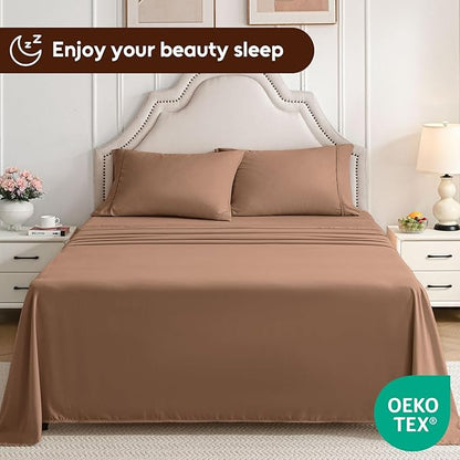 Full Size Bed Sheets Set, 4 Pieces Hotel Luxury Soft Microfiber Bed Sheets Set, Up to 16" Deep Pockets, Oeko-Tex Sheets with Elastic, Breathable, Wrinkle Free (Brown,Full)