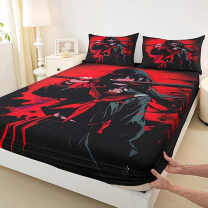 Erosebridal Japanese Anime Bedding Set for Kids, Anime Girl Fitted Sheet Twin Size Japanese Girl Bed Sheets for Girls Teens Adult, Kawaii Animation Red Black Sheets, Machine Washable