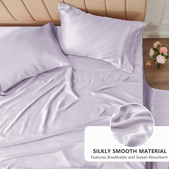 CozyLux Satin Sheets King Size Sheet Set - 4 Piece Silky King Sheets, Luxury Taro Purple King Bed Set with Smooth and Soft Microfiber, Includes 1 Fitted Sheet, 1 Flat Sheet and 2 Pillowcases