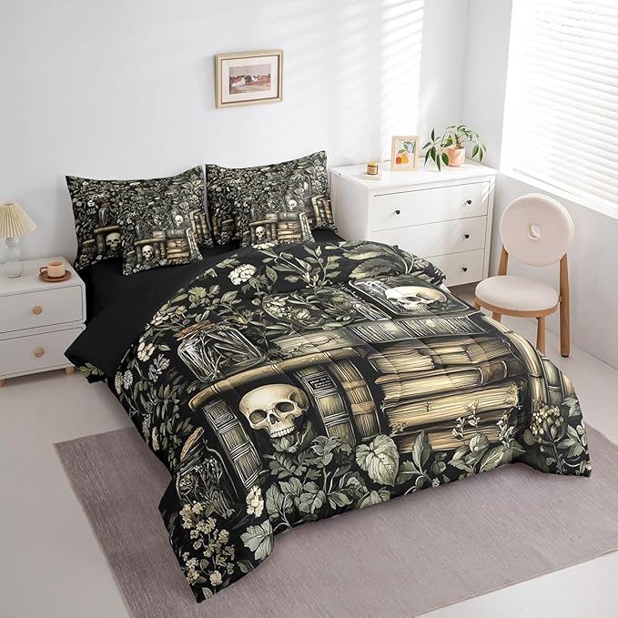 jejeloiu Dark Academia Bedding Set 7Pcs King Size Kids Skull Comforter Set with Sheets for Boys Girls Goth Bed in a Bag Soft Lightweight,Microfiber