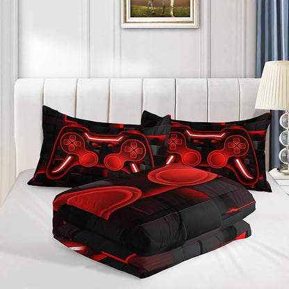 Axolotl Gamepad Comforter Set Queen Size,Red Grid Print Bedding Set,Boys Gaming Console Comforter Set,Video Gaming Controller Bedding Set for Teens Men Adults,1 Quilt 2 Pillowcases,Red Black