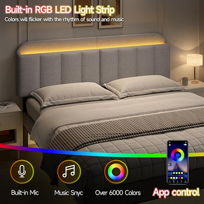 King Size Adjustable Headboard, Upholstered Headboard with Storage, APP Controlled LED Light, Padded Head Board Only, Sturdy Metal Foot Frame, Vertical Channel Design for Bedroom, Grey