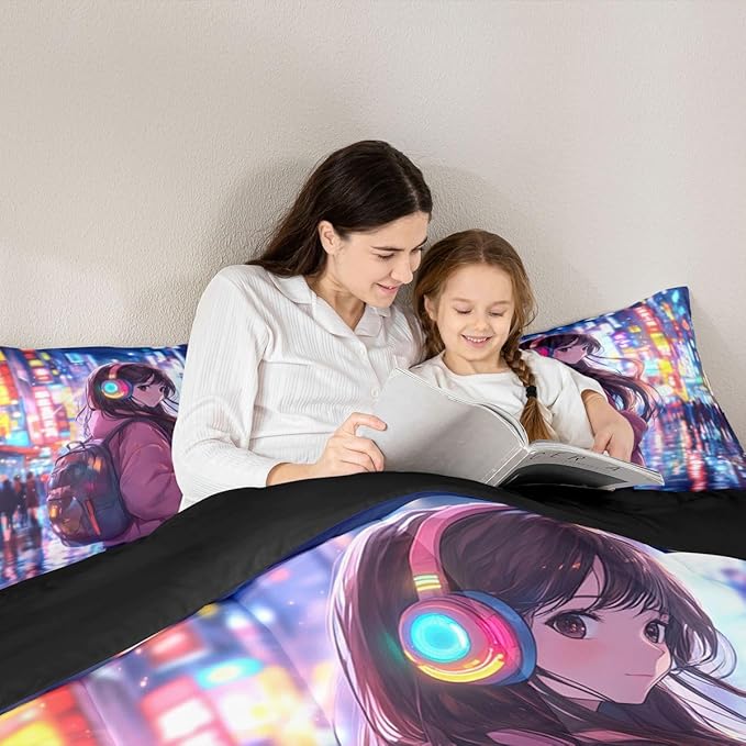Erosebridal Cool Anime Girl Twin Down Comforter Japanese Style Kids Comforter Set 3D Cartoon Girly Anime Bedding Set Sci Fi Style Gaming Bed Set Room Decor 2 Pcs