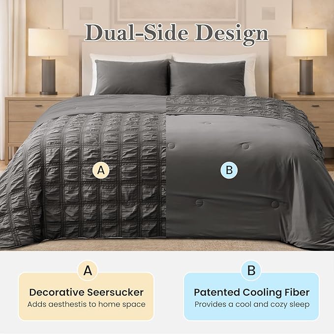 Cozy Bliss Cooling Comforter Seersucker Plaid Queen Size, Q-Max 0.45 Lightweight Cooling Blanket, Breathable Silk Smooth Summer Bedding Quilt for Hot Sleepers Night Sweats Dark Gray