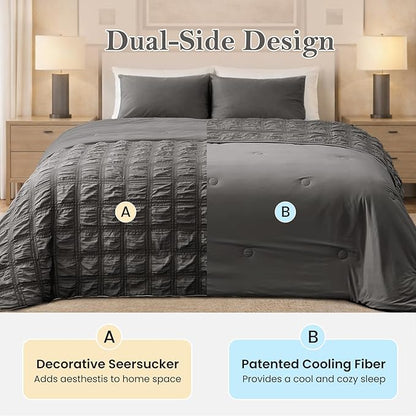 Cozy Bliss Cooling Comforter Seersucker Plaid Twin XL Size, Q-Max 0.45 Lightweight Cooling Blanket, Breathable Silk Smooth Summer Bedding Quilt for Hot Sleepers Night Sweats Dark Gray