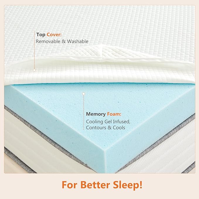 Sweetcrispy Mattress Topper Queen with Removable Soft Cover, Memory Foam 3 Inch Thick Gel Infused Cooling Toppers Pad for Queen Size Bed, Sleeper Sofa, RV, Camper, CertiPUR US Certified