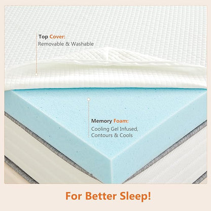 Sweetcrispy Mattress Topper Twin with Removable Soft Cover, Memory Foam 2 Inch Thick Gel Infused Cooling Toppers Pad for Twin Size Bed, Sleeper Sofa, RV, Camper, CertiPUR US Certified