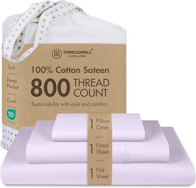 Threadmill Sheets for Twin Mattress | 800 Thread Count Twin Bed Sheets Set with 15” Deep Pocket | Sateen Weave, Better Than Egyptian Cotton, 3-Piece Bedding Set with Cooling Effect | Lilac