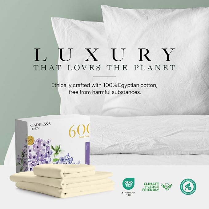 Carressa Linen 100% Egyptian Cotton Twin XL Sheets Set - 600 Thread Count Luxury Egyptian Cotton Sheets Twin XL Size (3 PC, Ivory Cream), 16" Deep Pocket, Soft, Cooling, Sateen Weave Dorm Room Bedding
