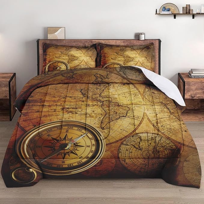 Twin Size Comforter Set with Pillowcase, Vintage Retro World Map Soft 2 Pcs Bedding for Kids and Adults Bedroom Bed Decor