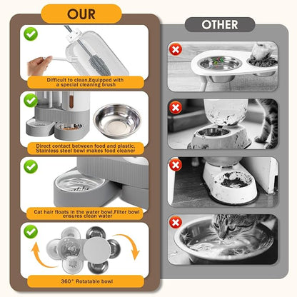 2 in 1 Automatic Gravity Cat Dog Feeder and Water Dispenser with 304 Stainless Steel Bowls, 360 Degree Rotatable Auto Food with 2 Specialized Brushes for Small Medium Pet Dog Puppy Kitten (Gray)