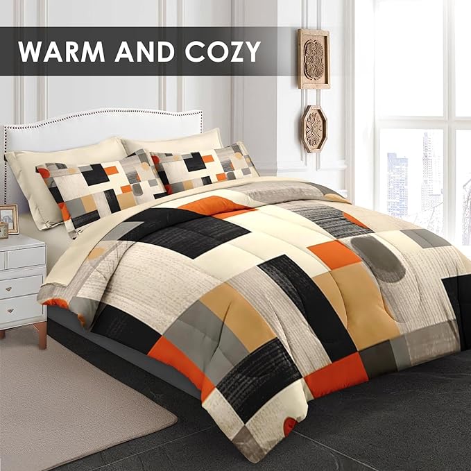 Comforter Set Full Size, Geometric Painting Contemporary 7 Pcs Bedding for Kids and Adults, Orange Gray Bed Sheet Sets with Fitted Sheet 2 Pillowcase & 2 Sham for Bedroom Bed Decor