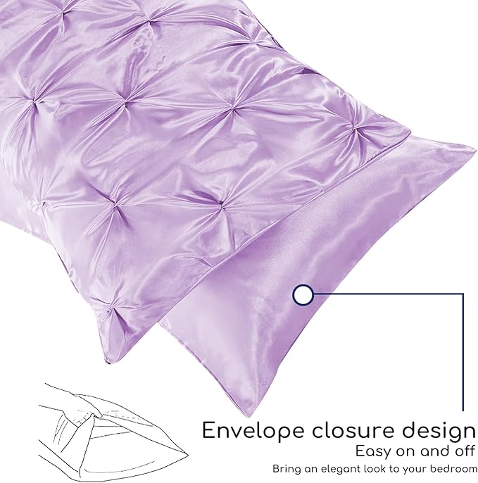 MR&HM Satin Comforter Queen 7 Pieces - Luxurious Pinch Pleat Bedding Set with Comforter, Flat Sheet, Fitted Sheet, Pillowcases & Shams, Super Silky Soft Bed Set for All Season (Queen, Lilac)