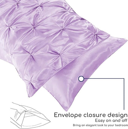 MR&HM Satin Comforter Queen 7 Pieces - Luxurious Pinch Pleat Bedding Set with Comforter, Flat Sheet, Fitted Sheet, Pillowcases & Shams, Super Silky Soft Bed Set for All Season (Queen, Lilac)