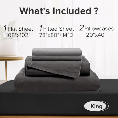 Comfort Spaces 100% Cotton Sheets King, Breathable & Ultra Soft Cotton Sheets, Naturally Cool Cotton Bed Sheets with 14" Elastic Pocket Fits up to 16" Mattress, All Season Sheet Set, Black 4 Piece