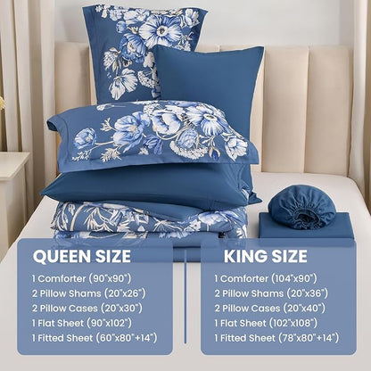 King Size Comforter Set - 7 Pieces Floral Comforter and Sheet Set, Blue King Size Bed in a Bag, Soft Microfiber Flower Complete Bedding Set for All Seasons（Blue,104"x90"）