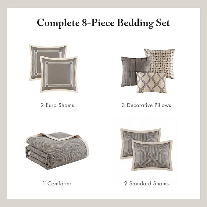 Madison Park Signature Cozy Comforter Set - All Season Bedding Combo Filled Insert and Removable Duvet Cover, Shams, Decorative Pillows, Queen (92 in x 96 in), Geometric Grey 9 Piece