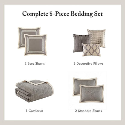 Madison Park Signature Cozy Comforter Set - All Season Bedding Combo Filled Insert and Removable Duvet Cover, Shams, Decorative Pillows, Queen (92 in x 96 in), Geometric Grey 9 Piece