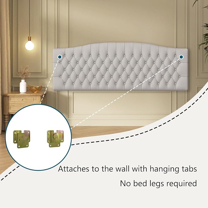 Furpopup Velvet King Size Headboard Only, Upholstered Wall Mount Light Gray | 2 ways to use:Wall-mounted (for adjustable bed) and bed frame mounted, Easy to assemble, Classic button design headboard