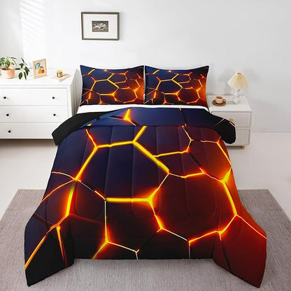 Honeycomb Print Bedding Set Red Black Fire Hexagonal Pattern Comforter Set for Kids Boys Girls Teens Beehive Geometrical Comforter Breathable Simplistic Duvet Set Room Decor Quilt Set Toddler Size
