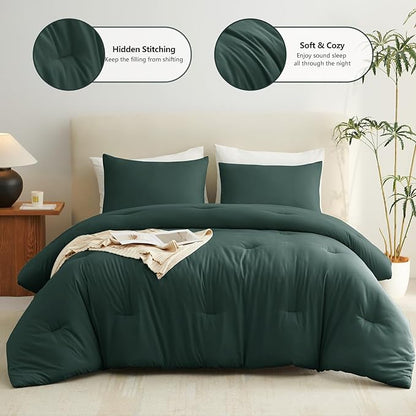 CozyLux Twin/Twin XL Comforter Set Forest Green, 2 Pieces Twin Extra Long Solid Breathable Bedding Sets College Dorm, Luxury Soft Bed Set with Down Alternative Comforter and 1 Pillowcase All Seasons