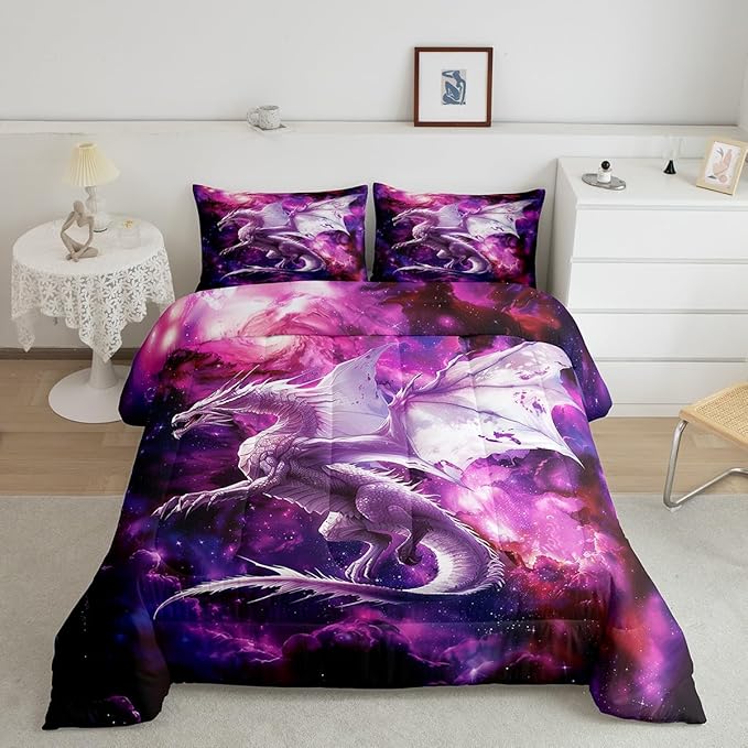 Flying Dragon Comforter Set King Size,Galaxy Outer Space Bedding Set for Kids Boys Teens Adults Room Decor,Starry Sky Western Magical Animal Duvet Insert 3Pcs,Nebula Glitter Quilt Set,2 Pillowcases