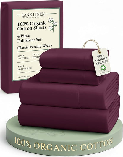 LANE LINEN 100% Organic Cotton Eco Friendly Full Size Bed Sheets, Mercerized Fully Elasticized Cotton Sheets Full, Percale Weave Soft & Comfy Comes in Variety of Colors- Windsor Wine
