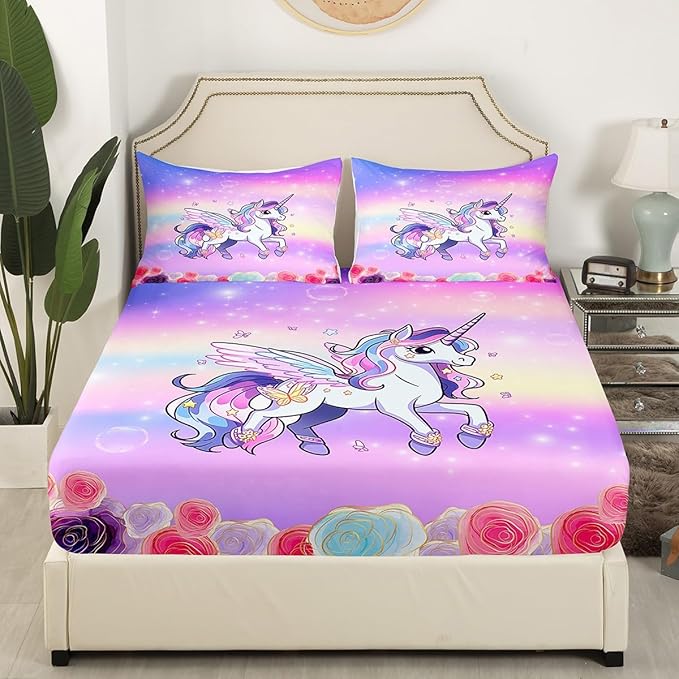 Kids Girls Unicorn Bed Sheets Set Pink Purple Rainbow Fitted Sheet Cartoon Unicorn Bedding Set for Bedroom Decor Rose Flowers Sheet (Twin Flat Sheet & Fitted Sheet with 1 Pillow Case)