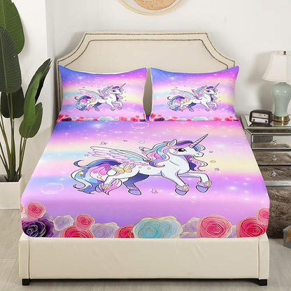 Kids Girls Unicorn Bed Sheets Set Pink Purple Rainbow Fitted Sheet Cartoon Unicorn Bedding Set for Bedroom Decor Rose Flowers Sheet (King Flat Sheet & Fitted Sheet with 2 Pillow Case)
