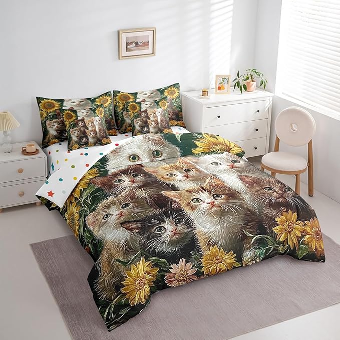 Feelyou Cute Cat Comforter Set 7 Pieces King Size Sunflower Bedding Set for Boys Girls Kawaii Pet Kitten Bed in a Bag with Comforter, Sheets, Pillowcases & Cushion Covers